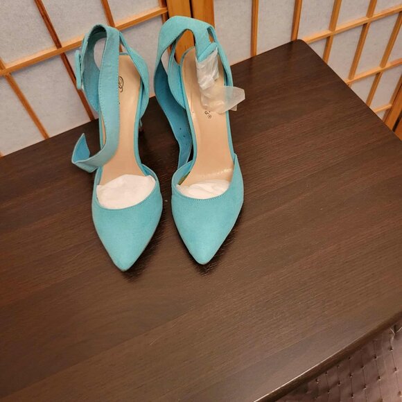 Aqua Pointed Toe Heels with Ankle Strap - Picture 5 of 5